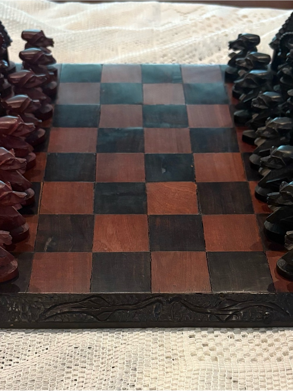 Vintage South-African Handcrafted Wooden Chess Set in Brown and Black